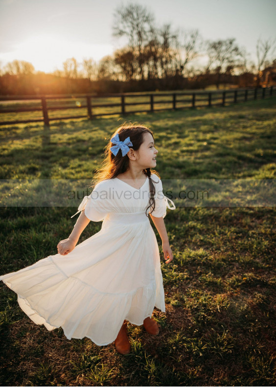 Ivory Cotton Crepe Boho Summer Wedding Flower Girl Dress